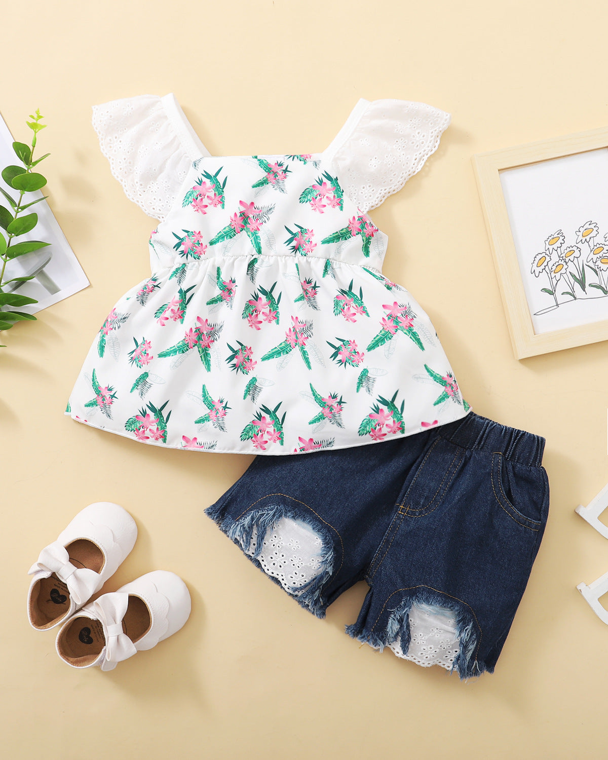 Wholesale Rustic Lily Tops + Shorts Polyester Baby Clothes